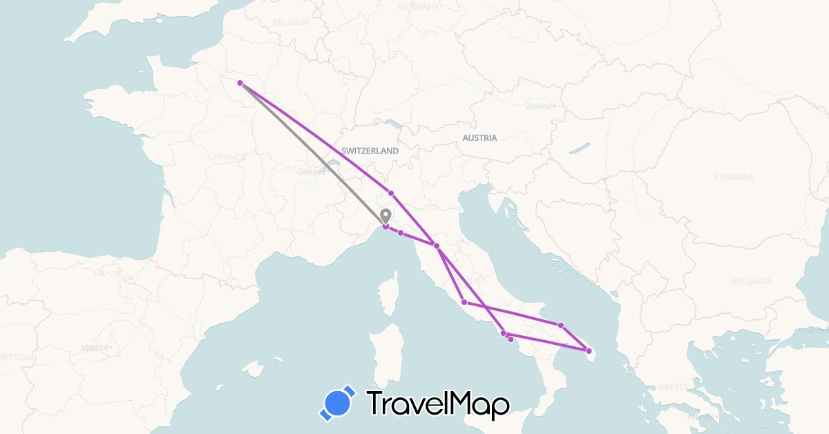 TravelMap itinerary: plane, train in France, Italy (Europe)